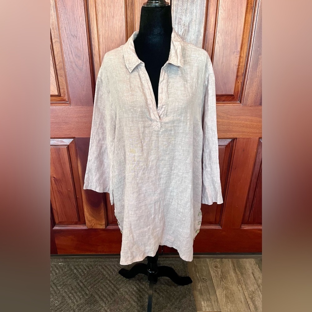Antibes Blanc Tan Tunic Top Linen Button Side V Neck 3/4 Sleeve Lagenlook Sz 2X